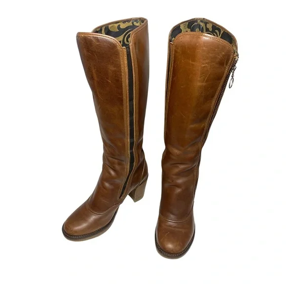 Fly London| Brown Leather Heeled Round Toe Boots With Zippers - Picture 4 of 17